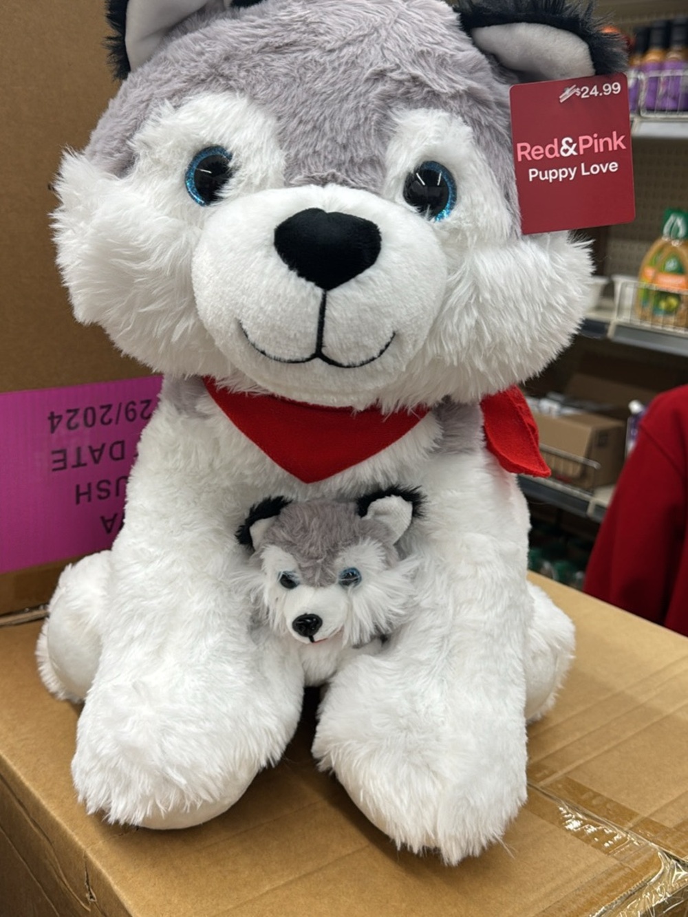 Large Gray & White Plush Husky with Red Bandana with Baby Puppy